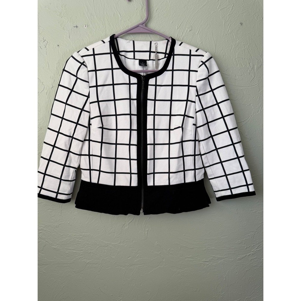 White House Black Market Windowpane Grid Zip Front Peplum Jacket White Black‎ 2